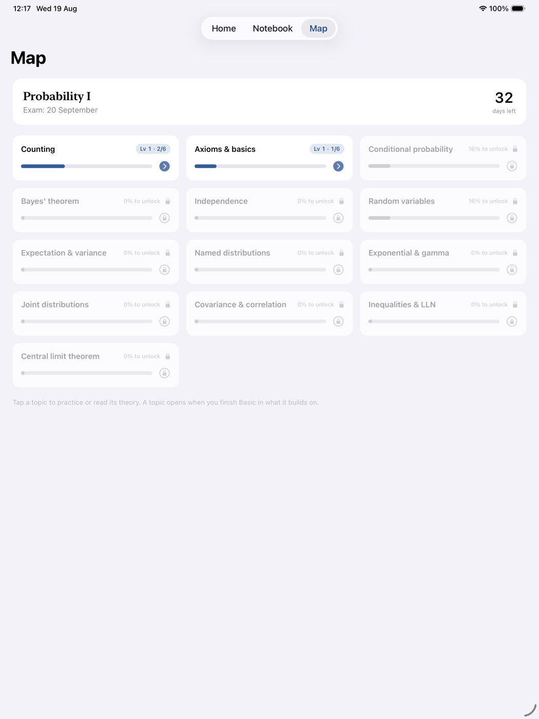 The Inkerval Map: probability topics with visible levels, progress, and locks